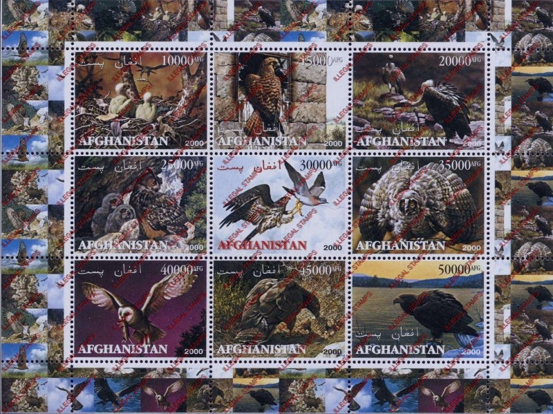 Afghanistan 2000 Eagles and Owls Illegal Stamp Sheetlet of Nine