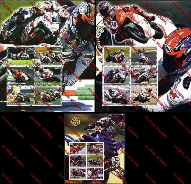 Benin 2002 Motorcycle Racing and 2003 Motorcycle Racing with Rotary International Emblem Illegal Stamp Souvenir Sheetlets of Six