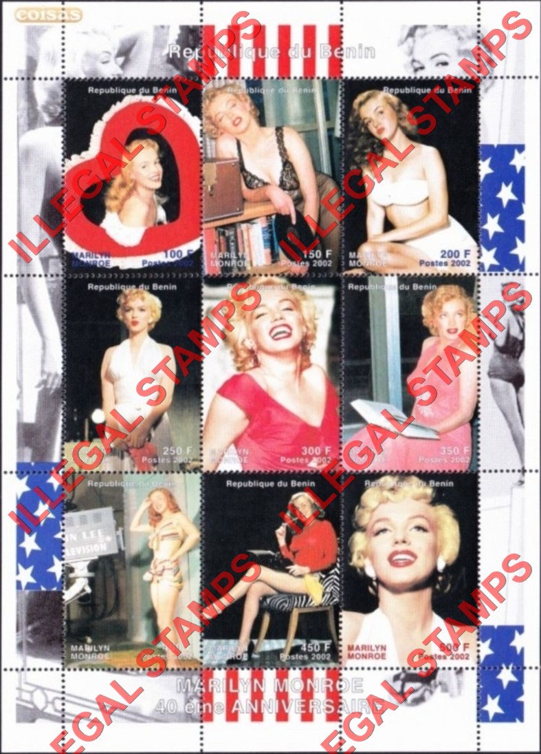 Benin 2002 Marilyn Monroe Illegal Stamp Sheets of 9 (Part 1)