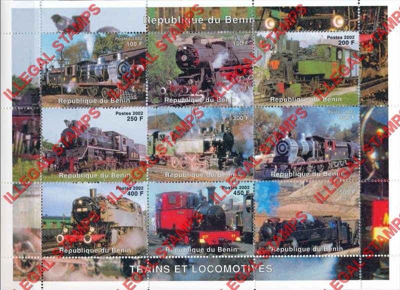 Benin 2002 Trains and Locomotives Illegal Stamp Sheet of 9