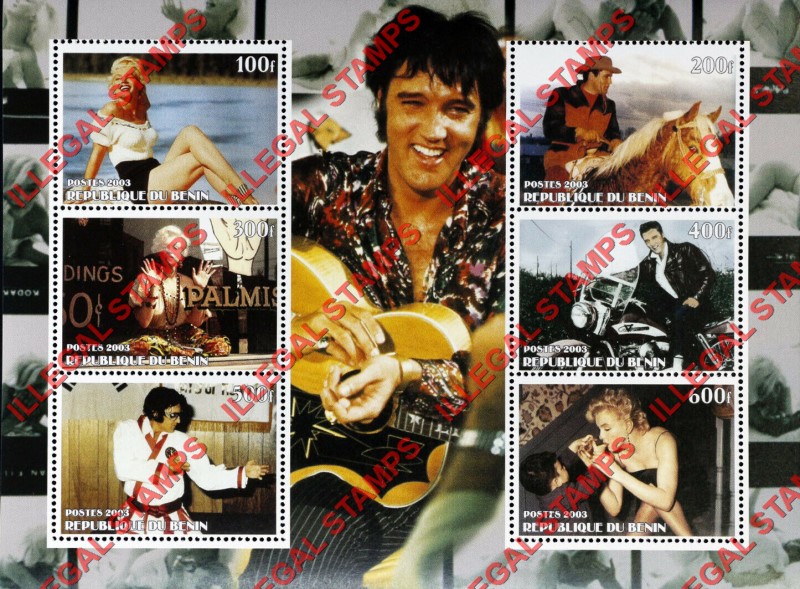 Benin 2003 Elvis Presley and Marilyn Monroe Illegal Stamp Sheet of 6