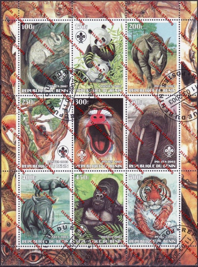 Benin 2003 Endangered Animals with Scouts Logo Illegal Stamp Sheetlet of Nine