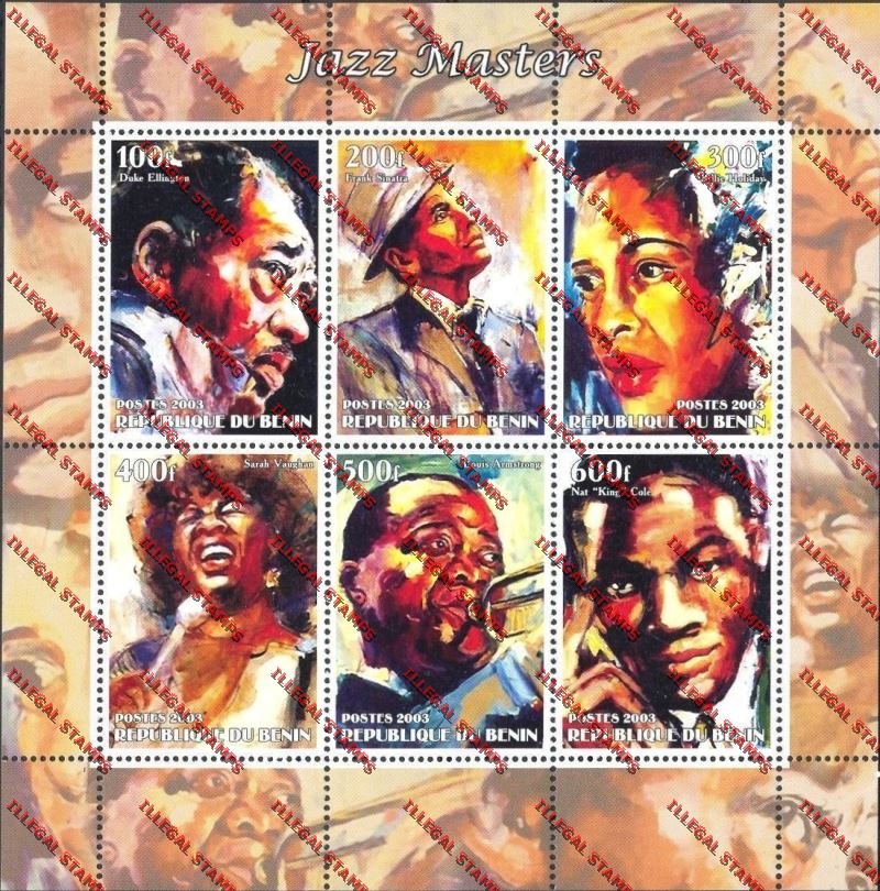 Benin 2003 Jazz Masters Illegal Stamp Sheetlet of Six