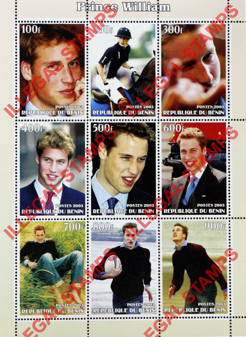 Benin 2003 Prince William Illegal Stamp Sheet of 9