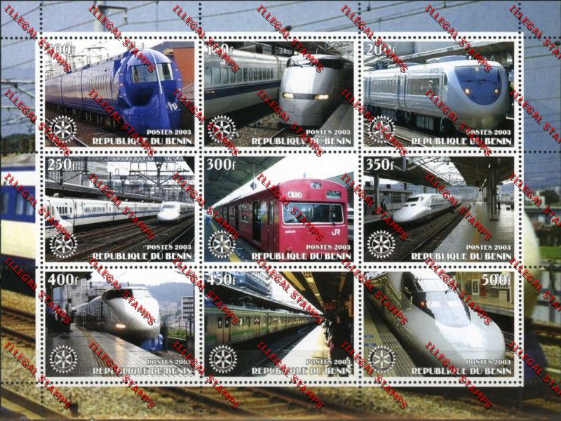 Benin 2003 Trains in Stations with Rotary International Emblem Illegal Stamp Sheetlet of Nine