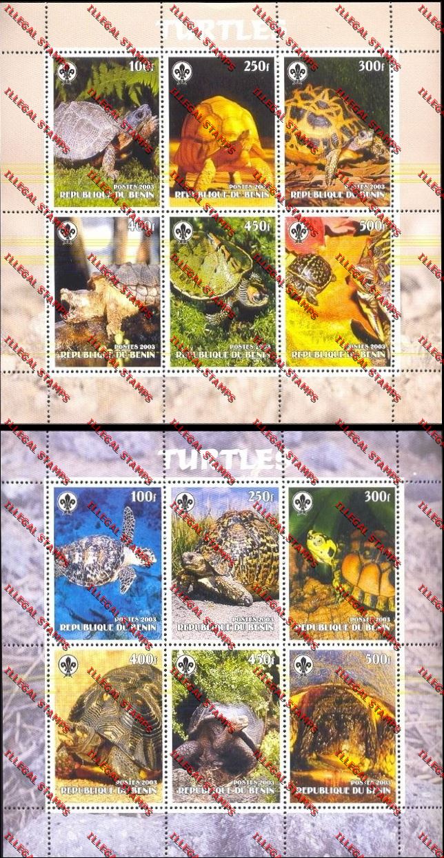 Benin 2003 Turtles with Scouts Emblems Illegal Stamp Sheetlets of Six