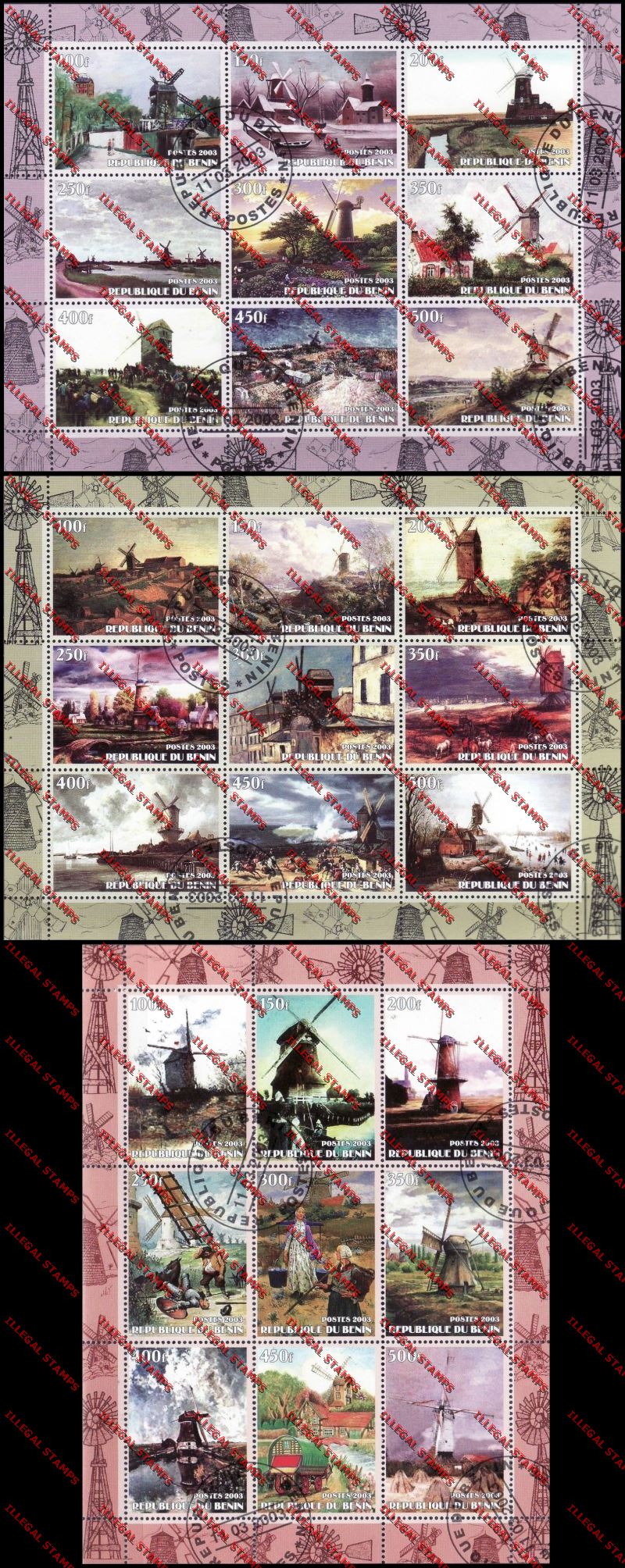 Benin 2003 Windmills Illegal Stamp Sheetlets of Nine