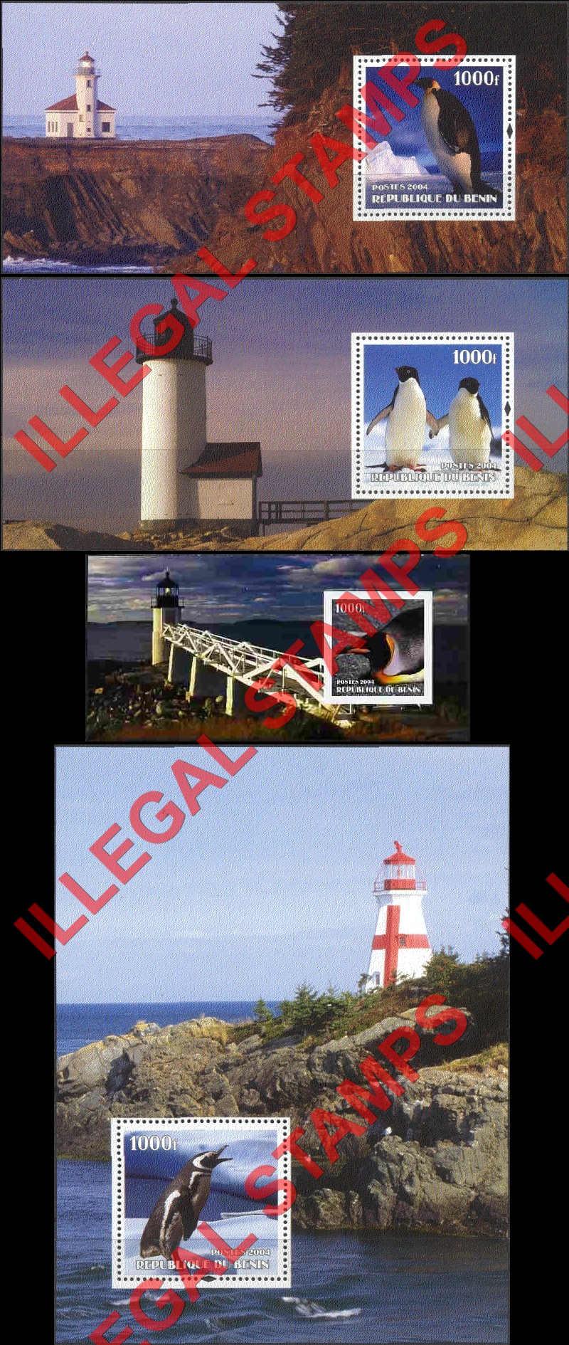 Benin 2004 Penguins and Lighthouses Illegal Stamp Souvenir Sheets of 1