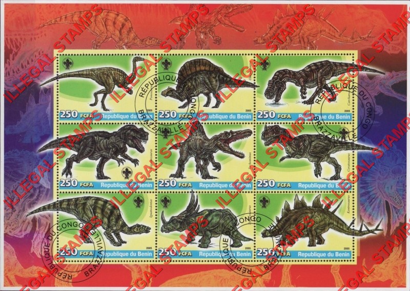Benin 2005 Dinosaurs and Scouts Logo Illegal Stamp Sheetlet of 9