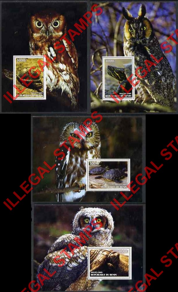 Benin 2005 Owls and Turtles Illegal Stamp Souvenir Sheets of 1