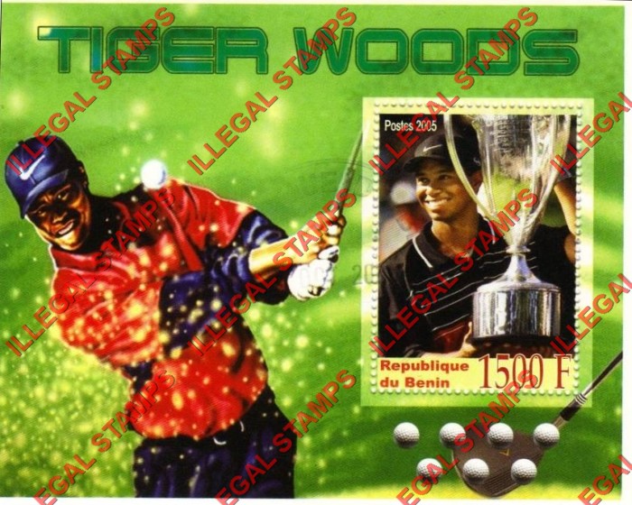 Benin 2005 Tiger Woods Golf Illegal Stamp Souvenir Sheet of 1