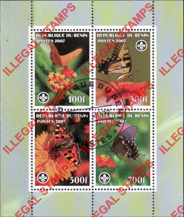 Benin 2007 Butterflies Illegal Stamp Souvenir Sheet of 4