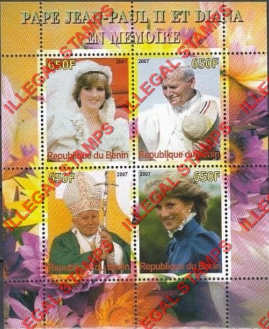 Benin 2007 Princess Diana and Pope John Paul II Illegal Stamp Souvenir Sheet of 4