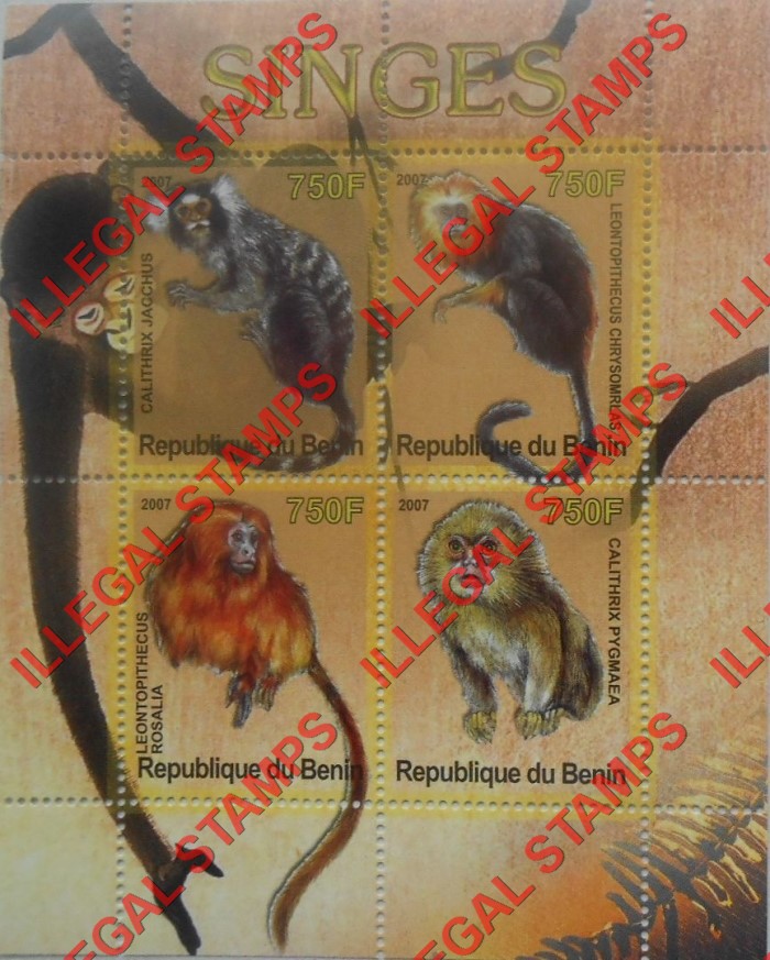Benin 2007 Monkeys Illegal Stamp Souvenir Sheet of 4