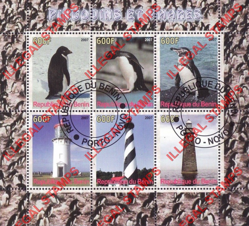 Benin 2007 Penguins and Lighthouses Illegal Stamp Souvenir Sheet of 6