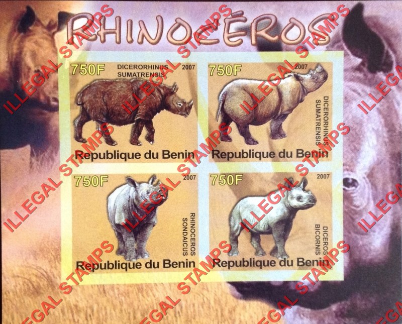 Benin 2007 Rhinos Rhinoceros Illegal Stamp Souvenir Sheet of 4