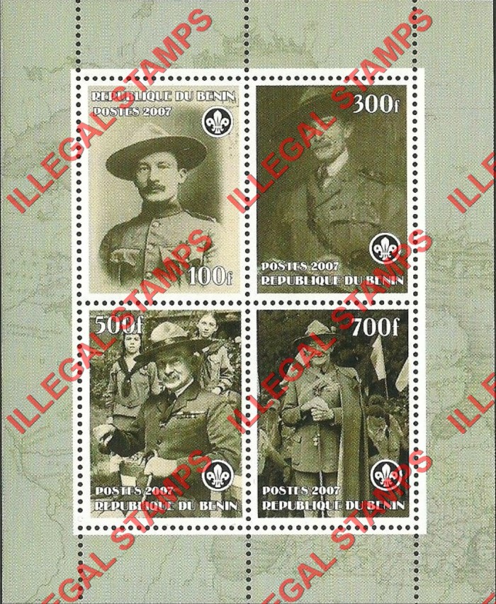 Benin 2007 Scouts Baden Powell Illegal Stamp Souvenir Sheet of 4