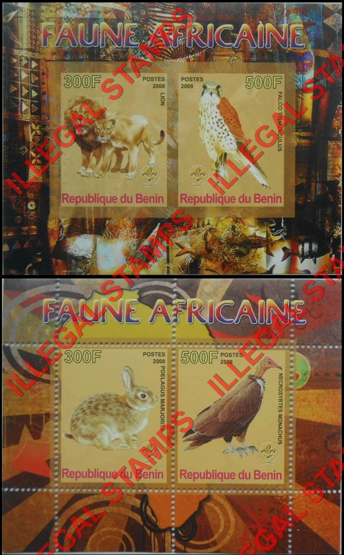 Benin 2008 African Fauna Illegal Stamp Souvenir Sheets of 2