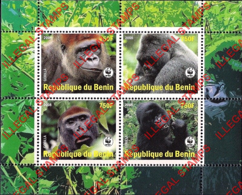 Benin 2008 Gorillas Illegal Stamp Souvenir Sheet of 4