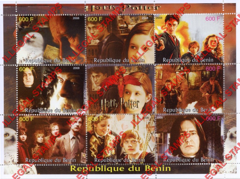 Benin 2008 Harry Potter Illegal Stamp Sheetlet of 9
