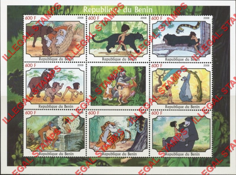 Benin 2008 Jungle Book Illegal Stamp Sheetlet of 9