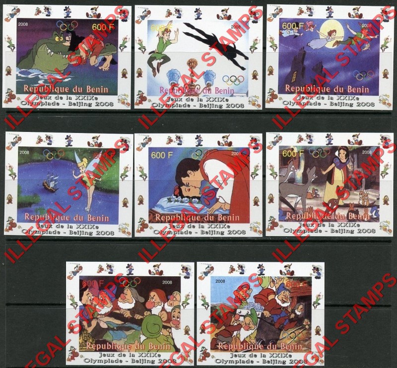 Benin 2008 Olympic Games Disney Cartoons Illegal Stamp Fake Deluxe Souvenir Sheets