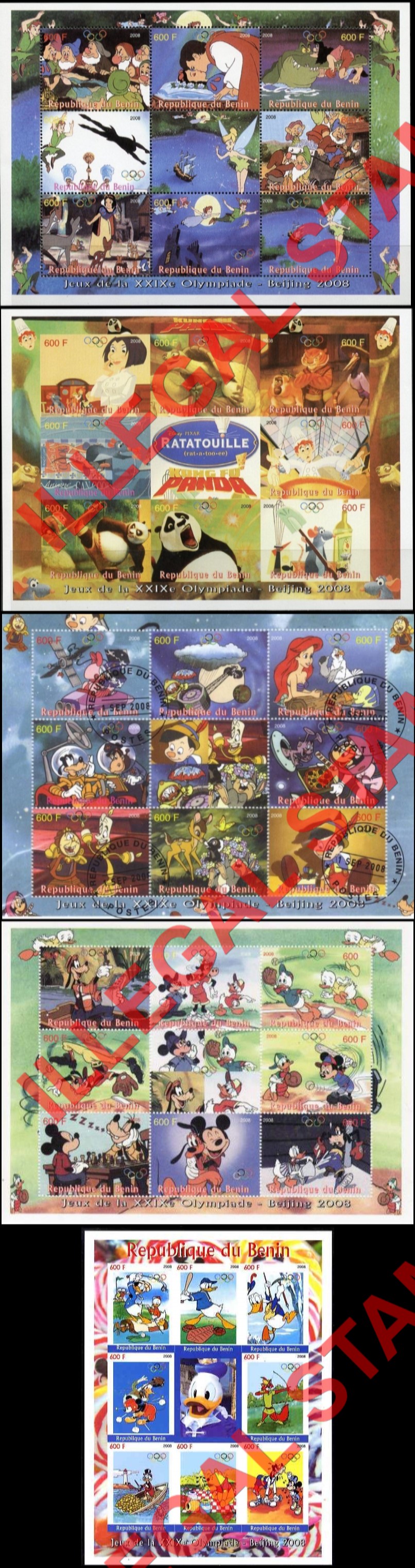 Benin 2008 Olympic Games Disney Cartoons Illegal Stamp Sheetlets of 9