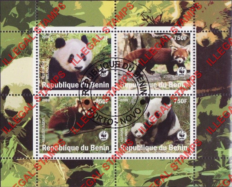 Benin 2008 Pandas Illegal Stamp Souvenir Sheet of 4