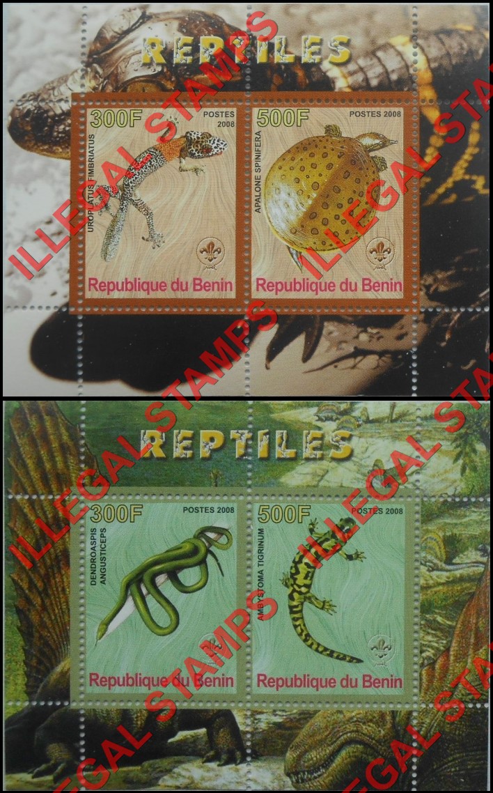 Benin 2008 Reptiles Illegal Stamp Souvenir Sheets of 2