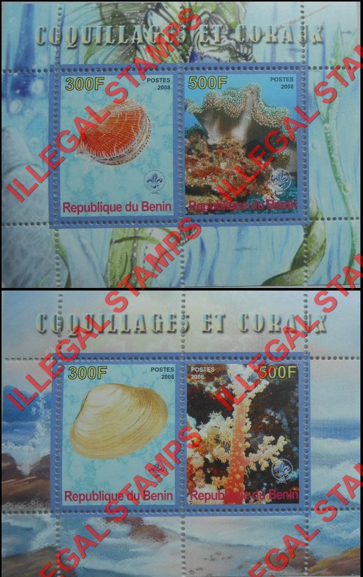 Benin 2008 Shells and Coral Illegal Stamp Souvenir Sheets of 2