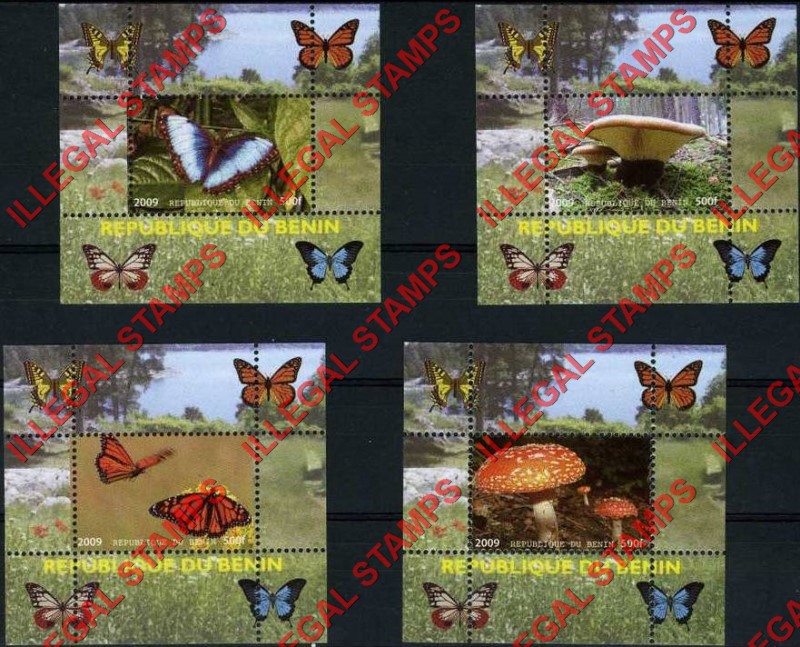 Benin 2009 Butterflies and Mushrooms Illegal Stamp Deluxe Souvenir Sheets of 1