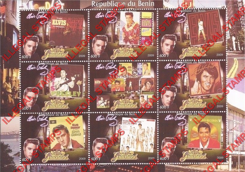 Benin 2009 Elvis Presley Illegal Stamp Sheetlet of 9