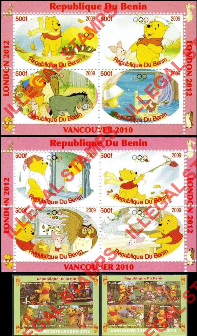 Benin 2009 Olympic Games Whinnie the Pooh Illegal Stamp Souvenir Sheets of 4