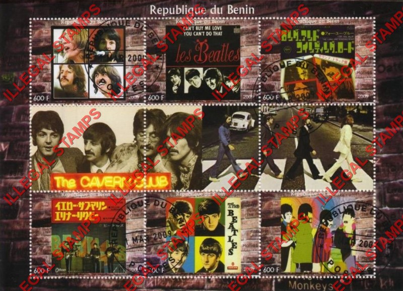 Benin 2009 The Beatles Illegal Stamp Sheetlet of 9