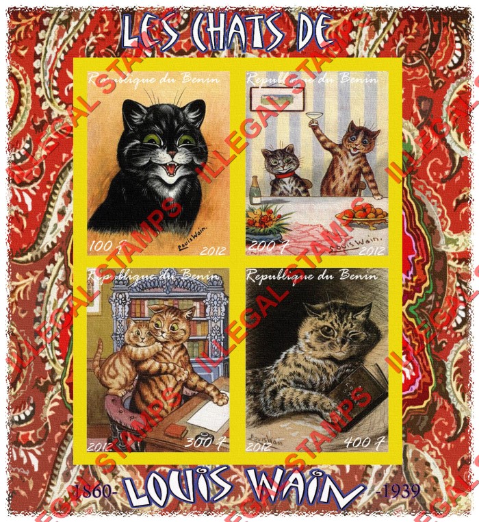 Benin 2012 Cats Paintings by Louis Wain Illegal Stamp Souvenir Sheet of 4
