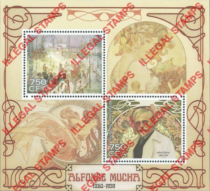 Benin 2014 Art Alfonse Mucha Illegal Stamp Souvenir Sheet of 4