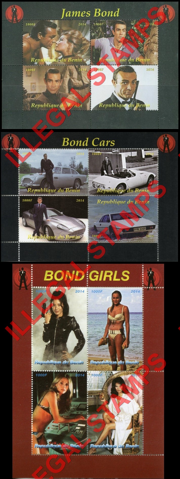 Benin 2014 James Bond Illegal Stamp Souvenir Sheets of 4