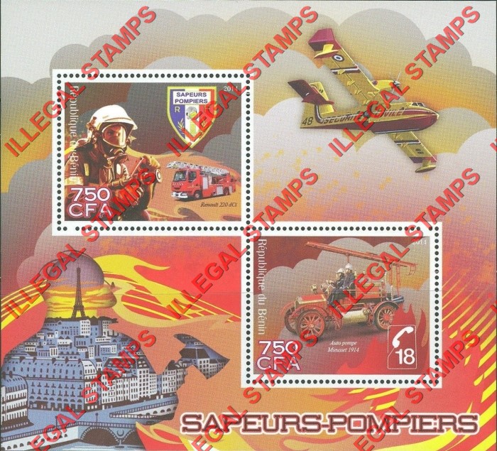 Benin 2014 Fire Trucks Illegal Stamp Souvenir Sheet of 2