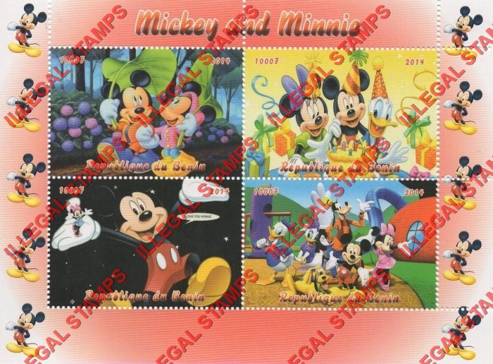 Benin 2014 Mickey Mouse and Minnie Illegal Stamp Souvenir Sheet of 4