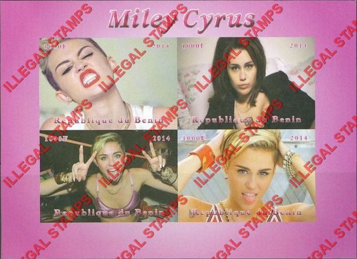 Benin 2014 Miley Cyrus Illegal Stamp Souvenir Sheet of 4