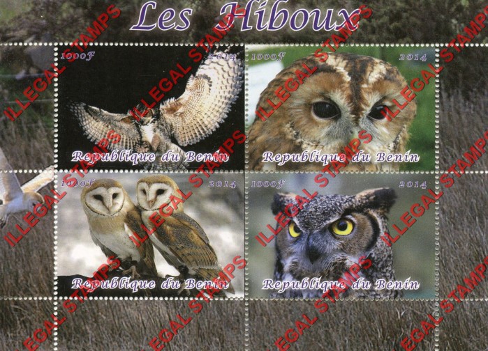 Benin 2014 Owls Illegal Stamp Souvenir Sheet of 4