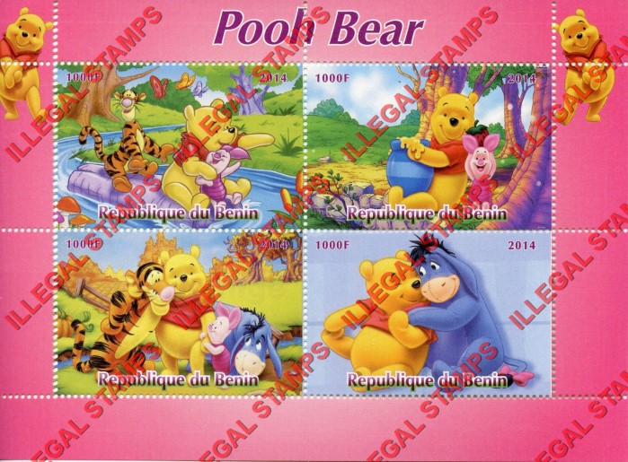 Benin 2014 Pooh Bear Illegal Stamp Souvenir Sheet of 4