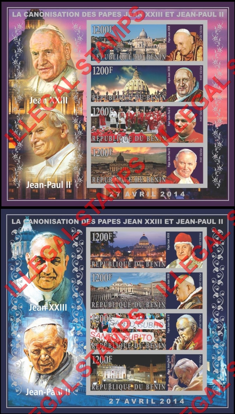 Benin 2014 Pope John Paul II Illegal Stamp Souvenir Sheets of 4 with Silver Borders