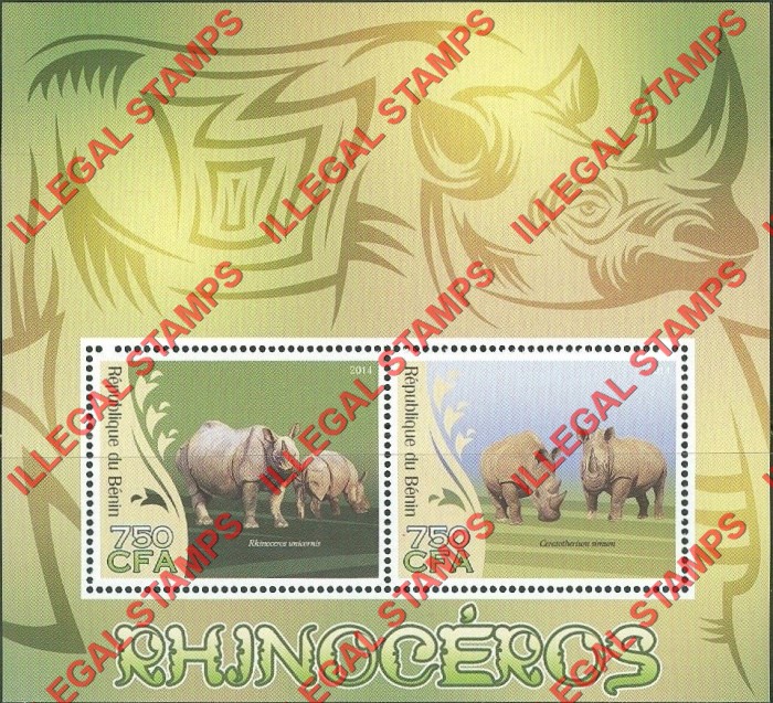 Benin 2014 Rhinoceros Illegal Stamp Souvenir Sheet of 2