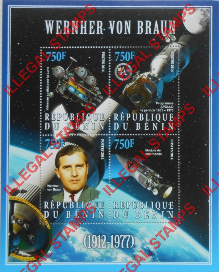 Benin 2014 Space Wernher von Braun Illegal Stamp Souvenir Sheet of 4