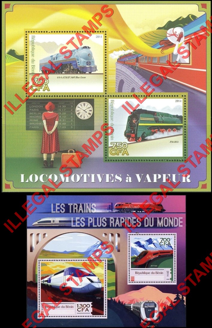 Benin 2014 Trains Locomotives Illegal Stamp Souvenir Sheets of 2