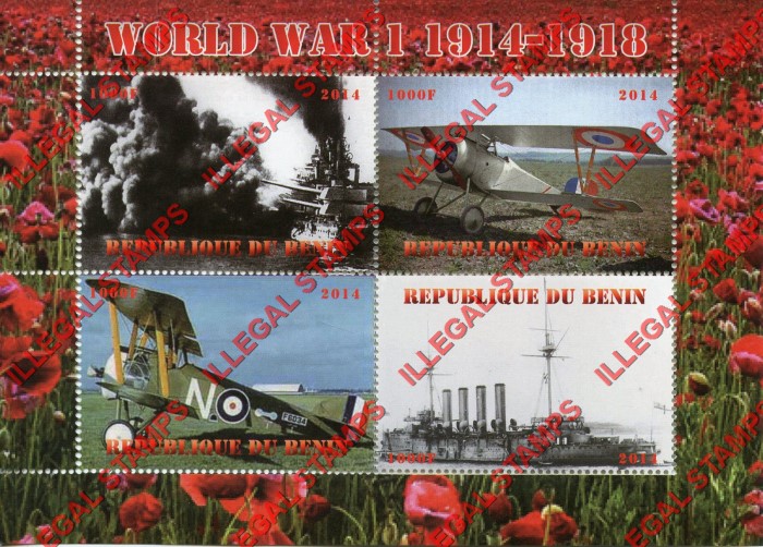 Benin 2014 World War I Aircraft and Battleships Illegal Stamp Souvenir Sheet of 4
