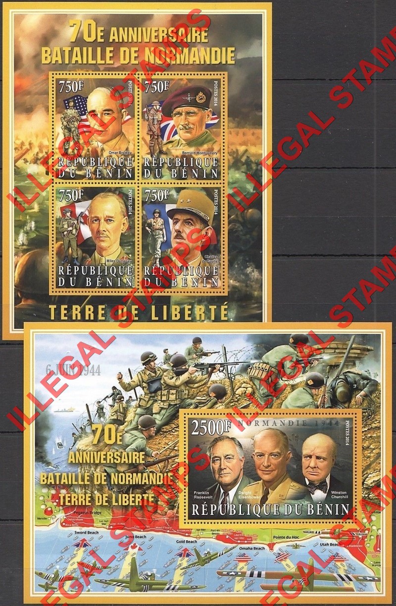 Benin 2014 World War II Anniversary Battle of Normandy Illegal Stamp Souvenir Sheets of 4 and 1