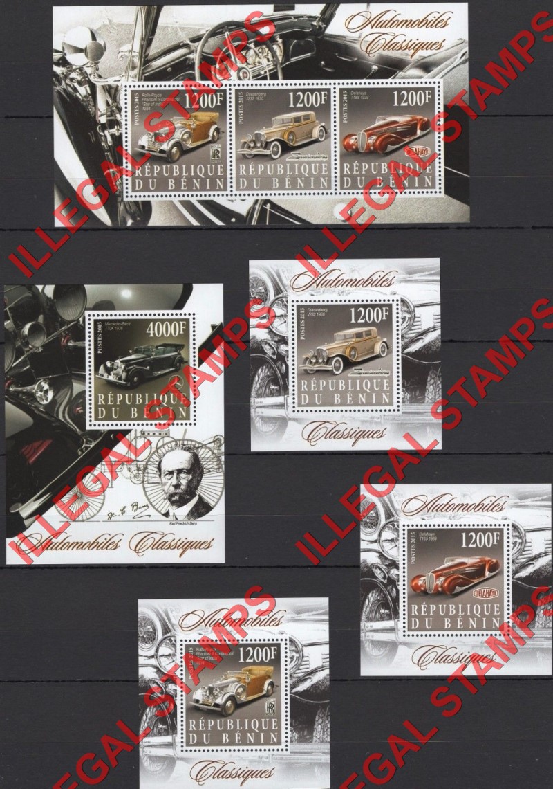 Benin 2015 Automobiles Cars Illegal Stamp Souvenir Sheets of 3 and 1