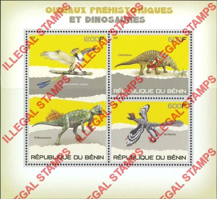 Benin 2015 Dinosaurs Illegal Stamp Souvenir Sheet of 4 (Type 1)
